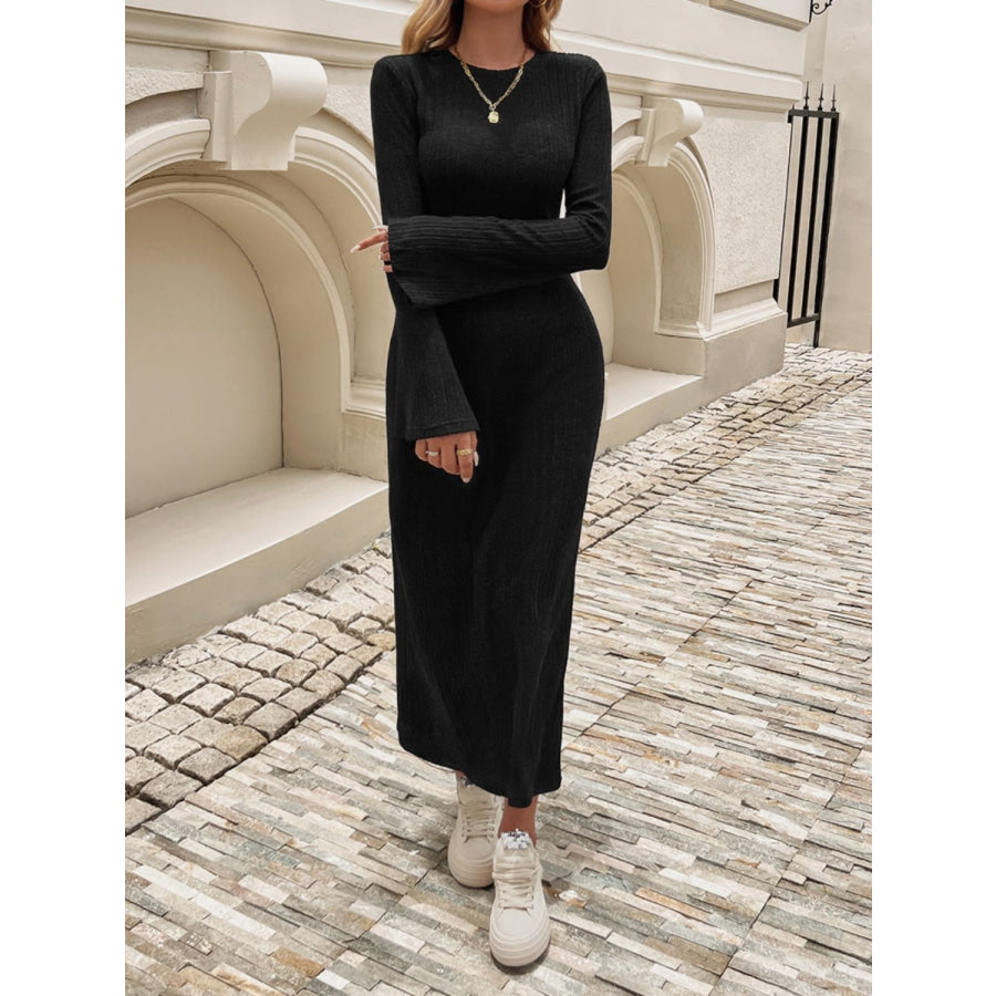 Devine Tied Round Neck Long Sleeve Midi Dress Black / S Apparel and Accessories