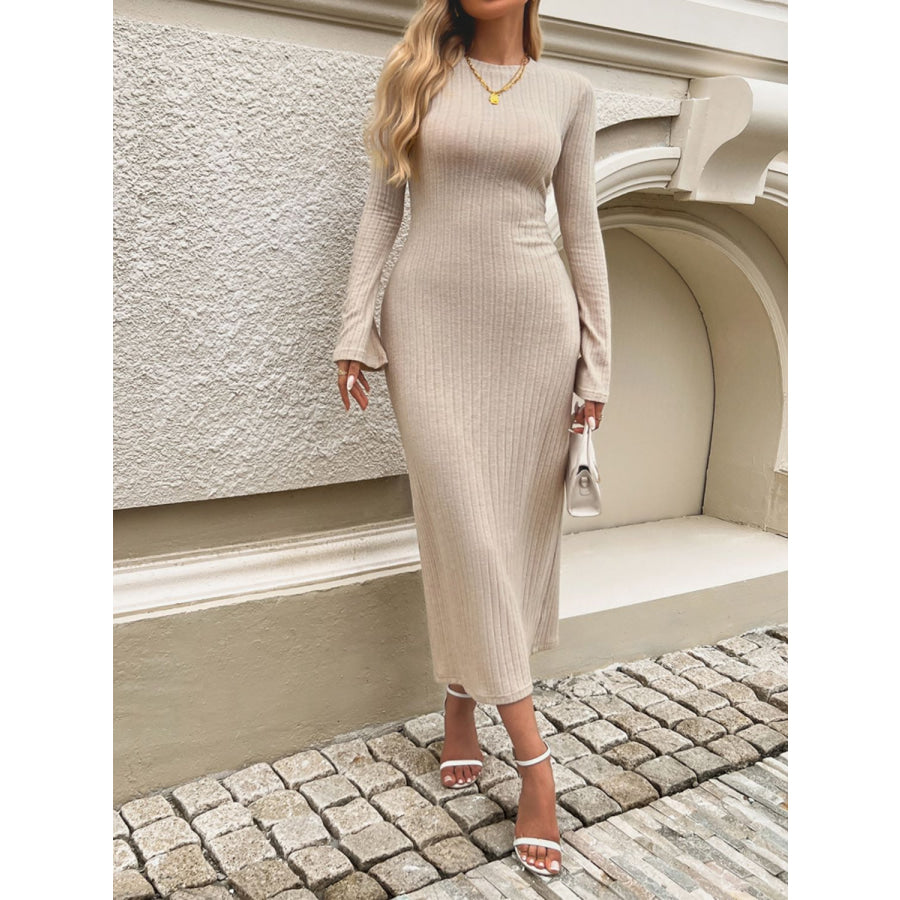 Devine Tied Round Neck Long Sleeve Midi Dress Dust Storm / S Apparel and Accessories