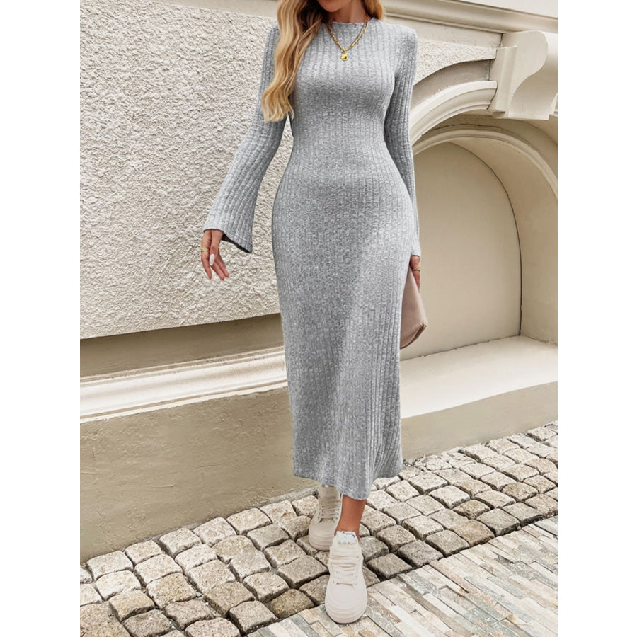 Devine Tied Round Neck Long Sleeve Midi Dress Gray / S Apparel and Accessories