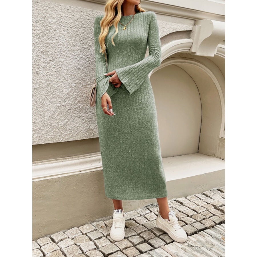 Devine Tied Round Neck Long Sleeve Midi Dress Matcha Green / S Apparel and Accessories