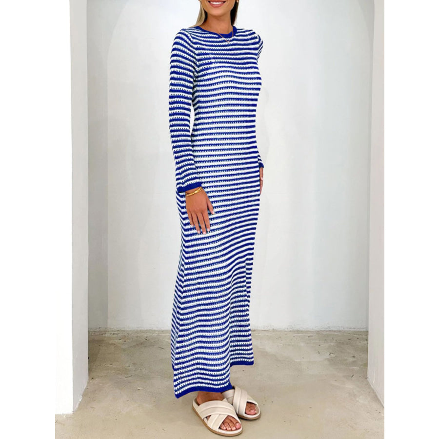 Devine Tied Round Neck Striped Sweater Dress Apparel and Accessories