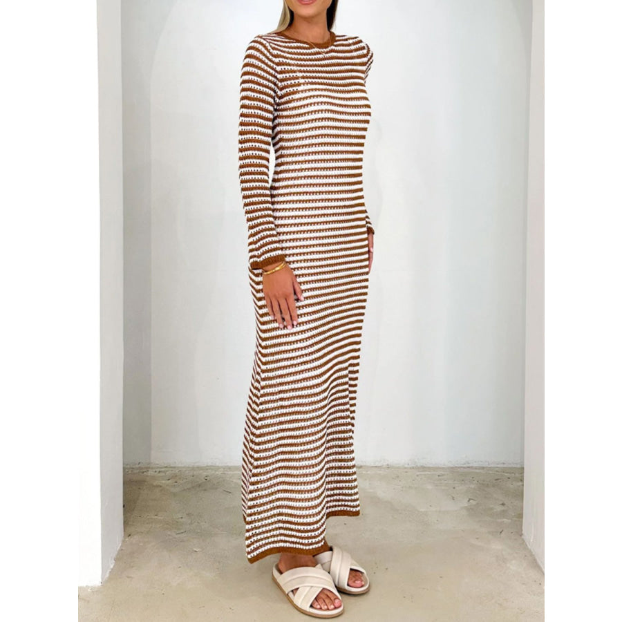 Devine Tied Round Neck Striped Sweater Dress Apparel and Accessories