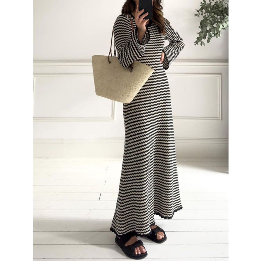 Devine Tied Round Neck Striped Sweater Dress Apparel and Accessories