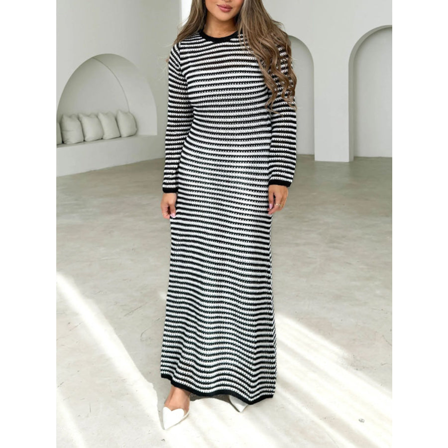 Devine Tied Round Neck Striped Sweater Dress Apparel and Accessories