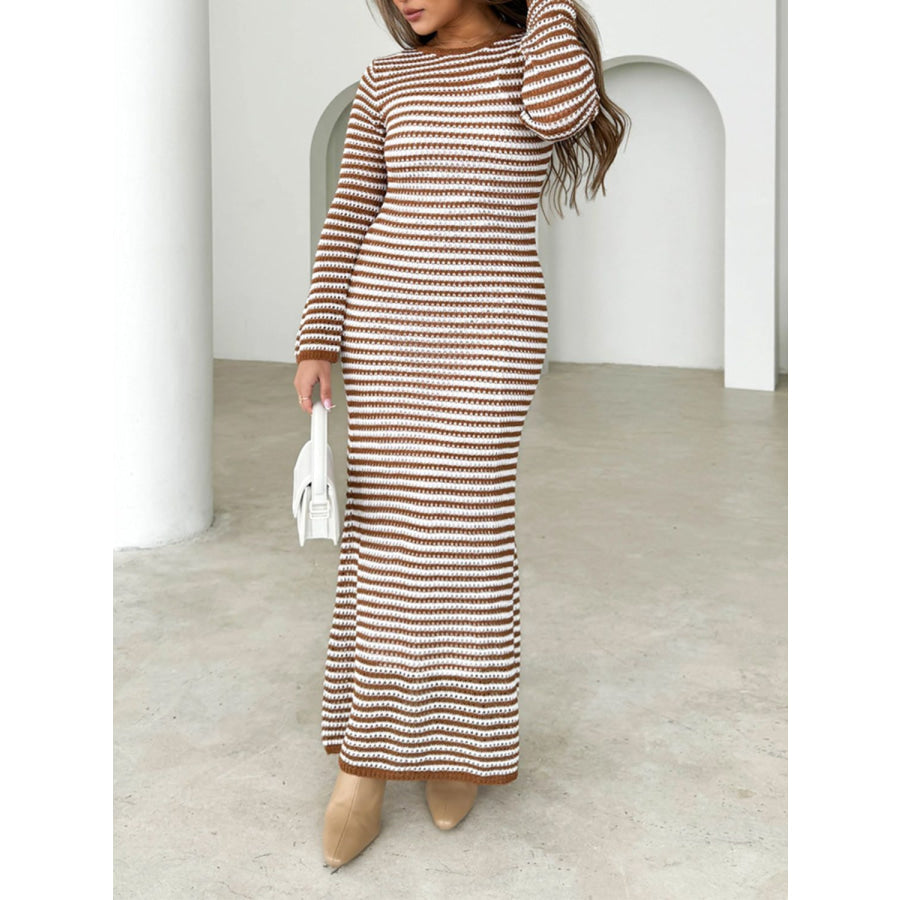 Devine Tied Round Neck Striped Sweater Dress Apparel and Accessories