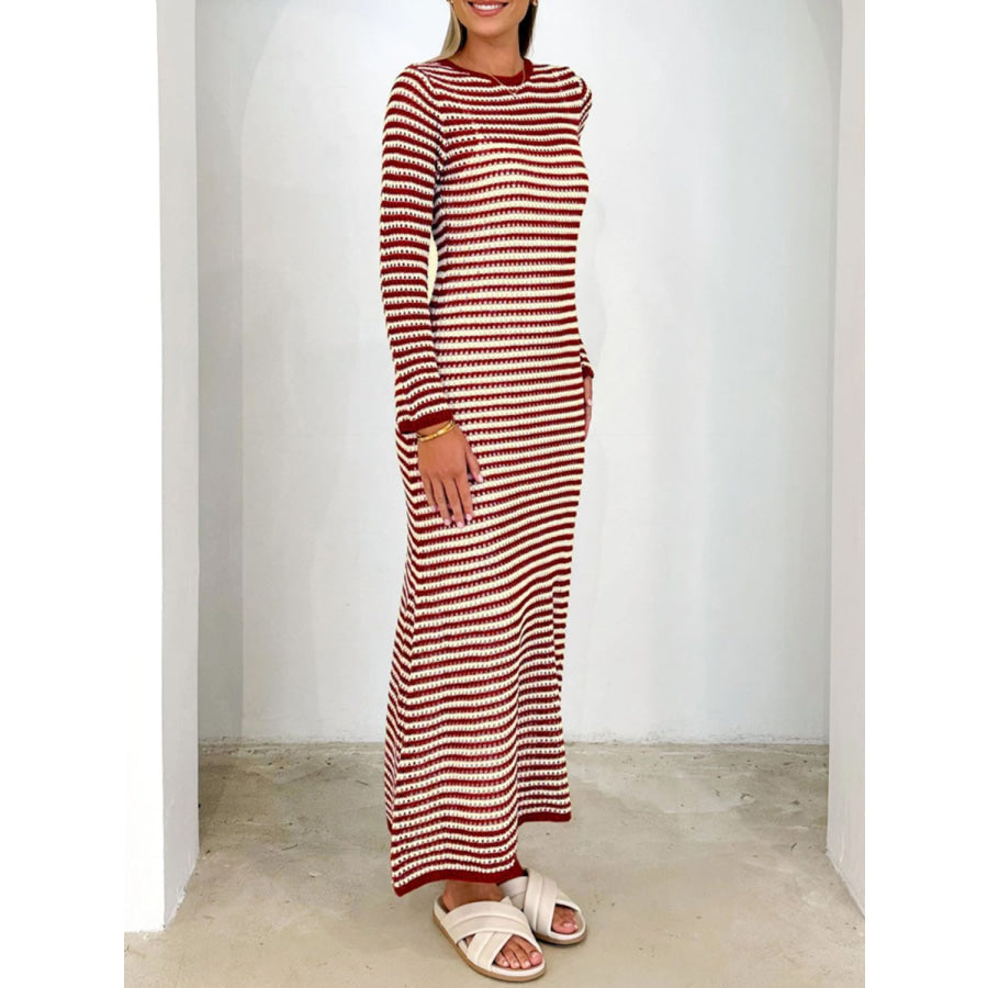 Devine Tied Round Neck Striped Sweater Dress Apparel and Accessories