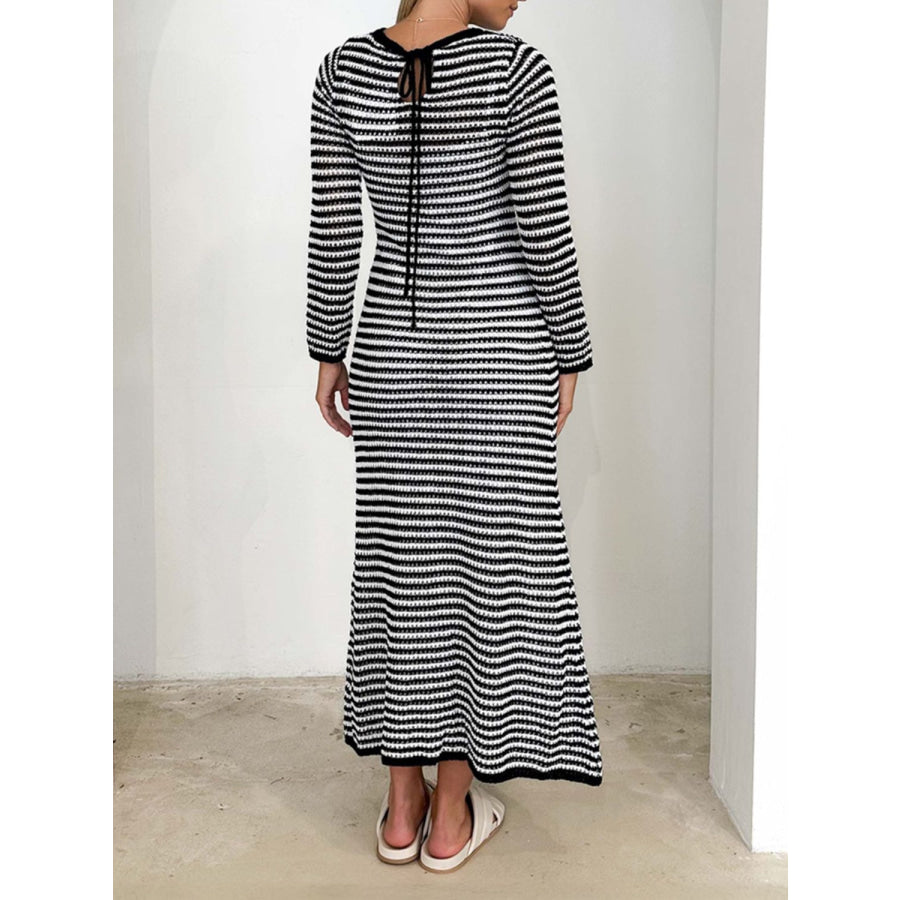 Devine Tied Round Neck Striped Sweater Dress Apparel and Accessories