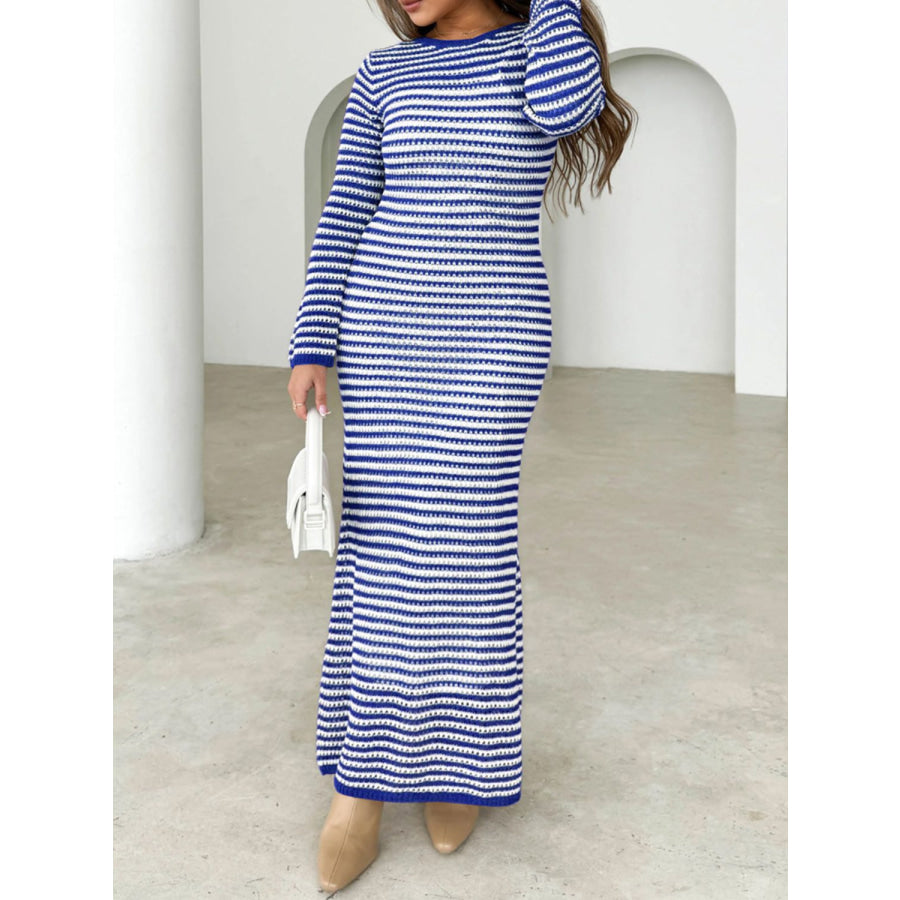 Devine Tied Round Neck Striped Sweater Dress Blue / S Apparel and Accessories