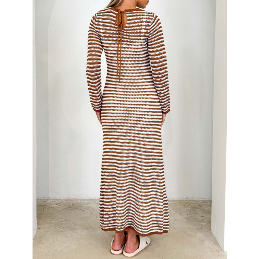 Devine Tied Round Neck Striped Sweater Dress Caramel / S Apparel and Accessories