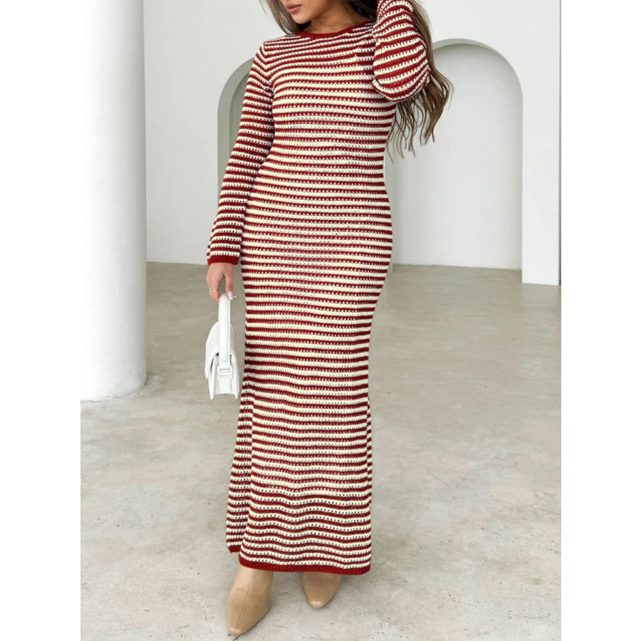 Devine Tied Round Neck Striped Sweater Dress Terracotta / S Apparel and Accessories