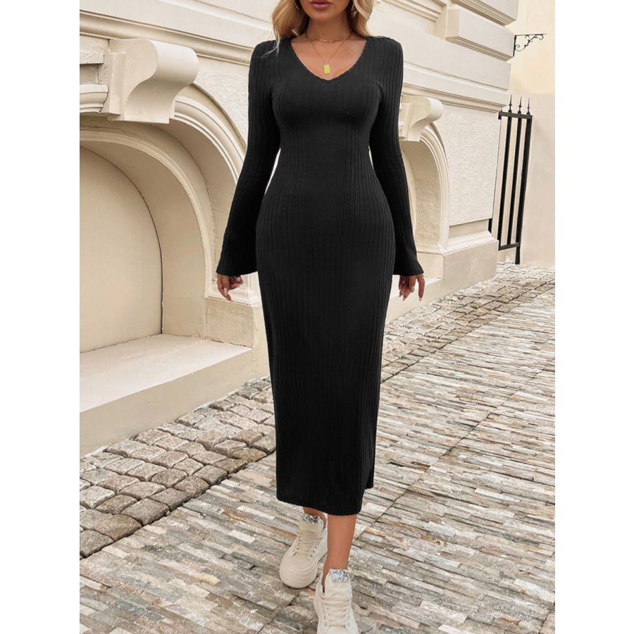 Devine Tied V-Neck Long Sleeve Sweater Dress Apparel and Accessories