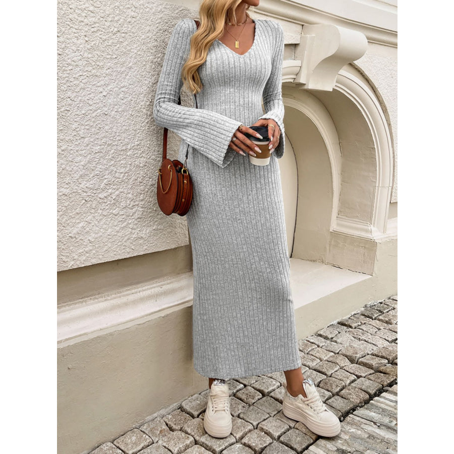 Devine Tied V-Neck Long Sleeve Sweater Dress Apparel and Accessories