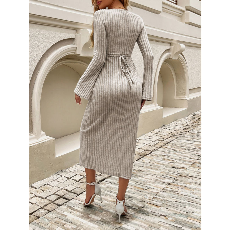 Devine Tied V-Neck Long Sleeve Sweater Dress Apparel and Accessories