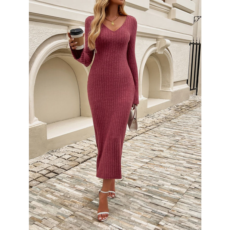 Devine Tied V-Neck Long Sleeve Sweater Dress Apparel and Accessories