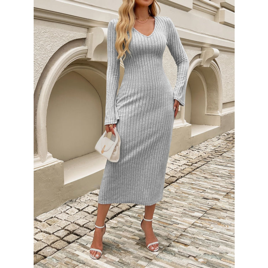 Devine Tied V-Neck Long Sleeve Sweater Dress Apparel and Accessories