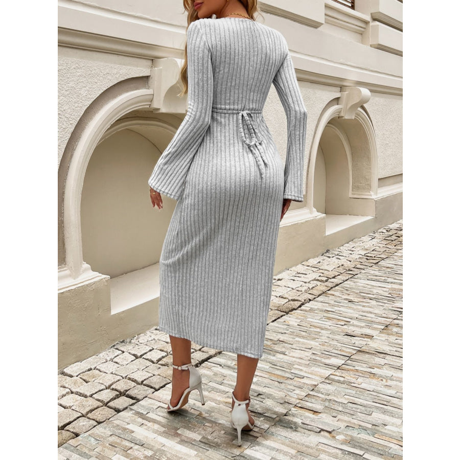 Devine Tied V-Neck Long Sleeve Sweater Dress Apparel and Accessories