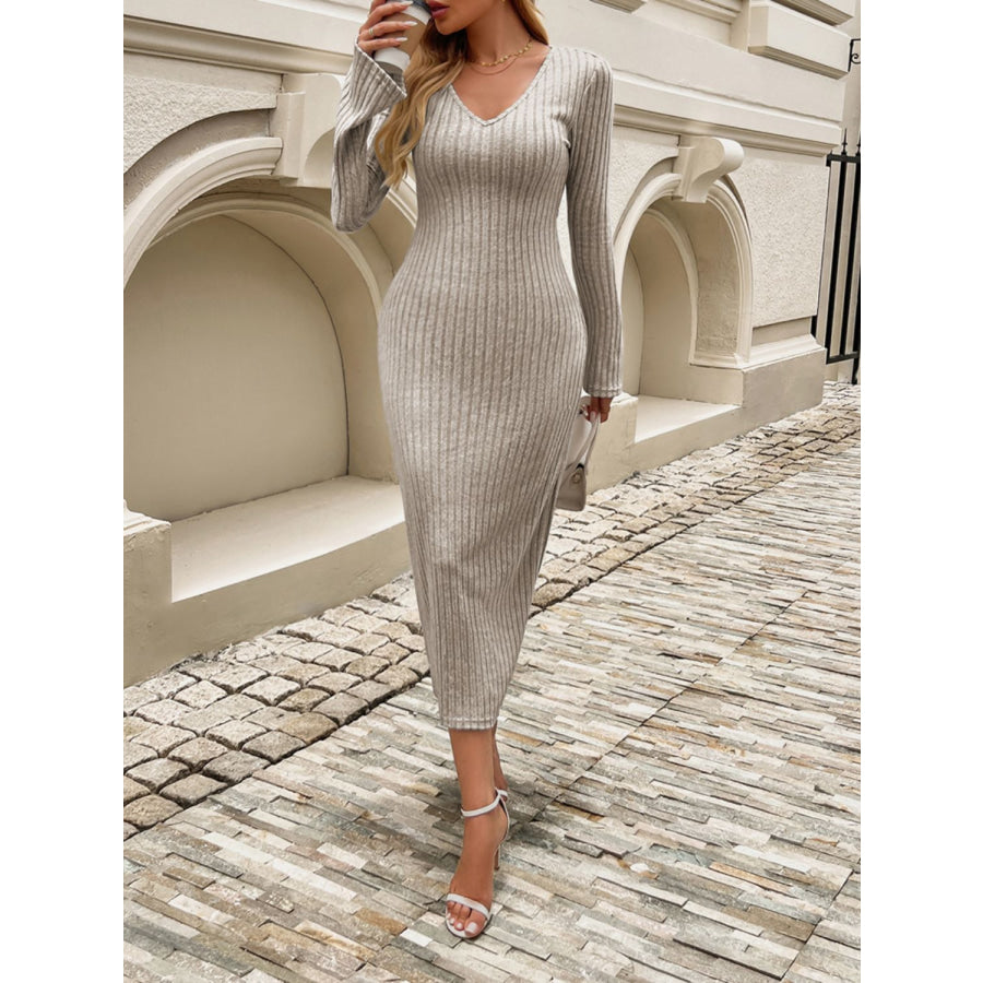 Devine Tied V-Neck Long Sleeve Sweater Dress Apparel and Accessories