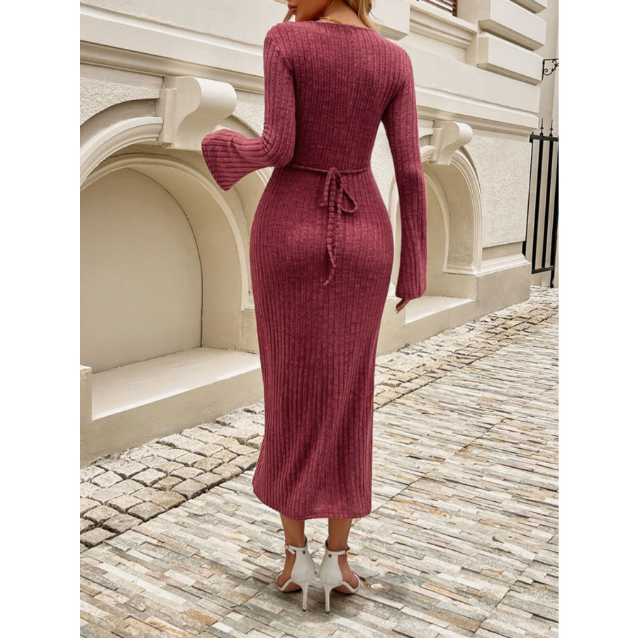 Devine Tied V-Neck Long Sleeve Sweater Dress Apparel and Accessories