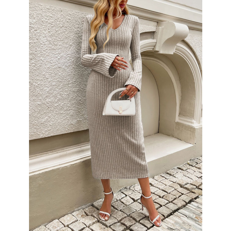 Devine Tied V-Neck Long Sleeve Sweater Dress Apparel and Accessories