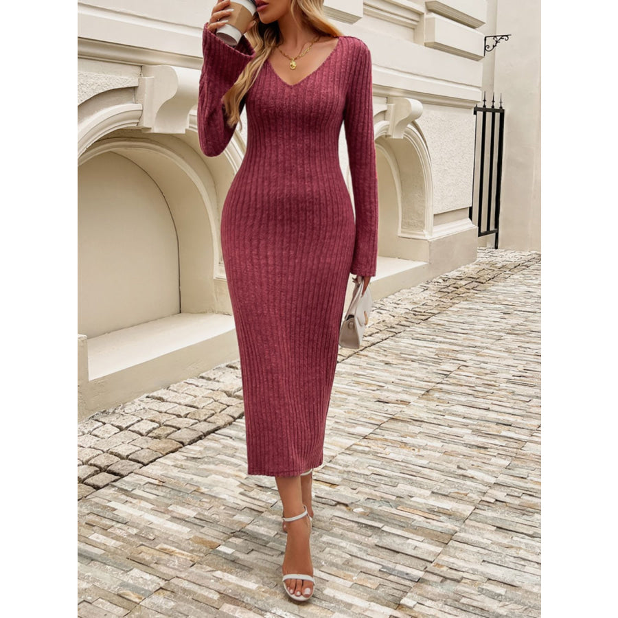 Devine Tied V-Neck Long Sleeve Sweater Dress Apparel and Accessories