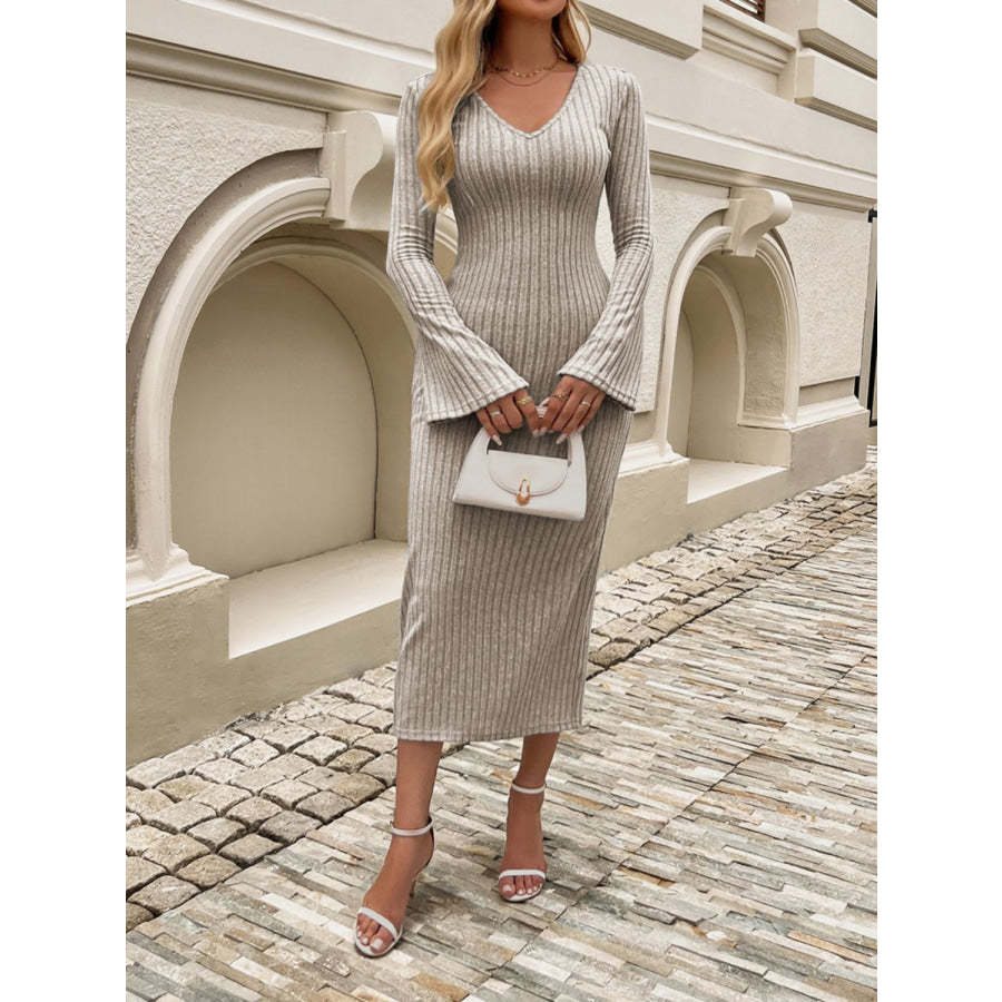 Devine Tied V-Neck Long Sleeve Sweater Dress Apparel and Accessories