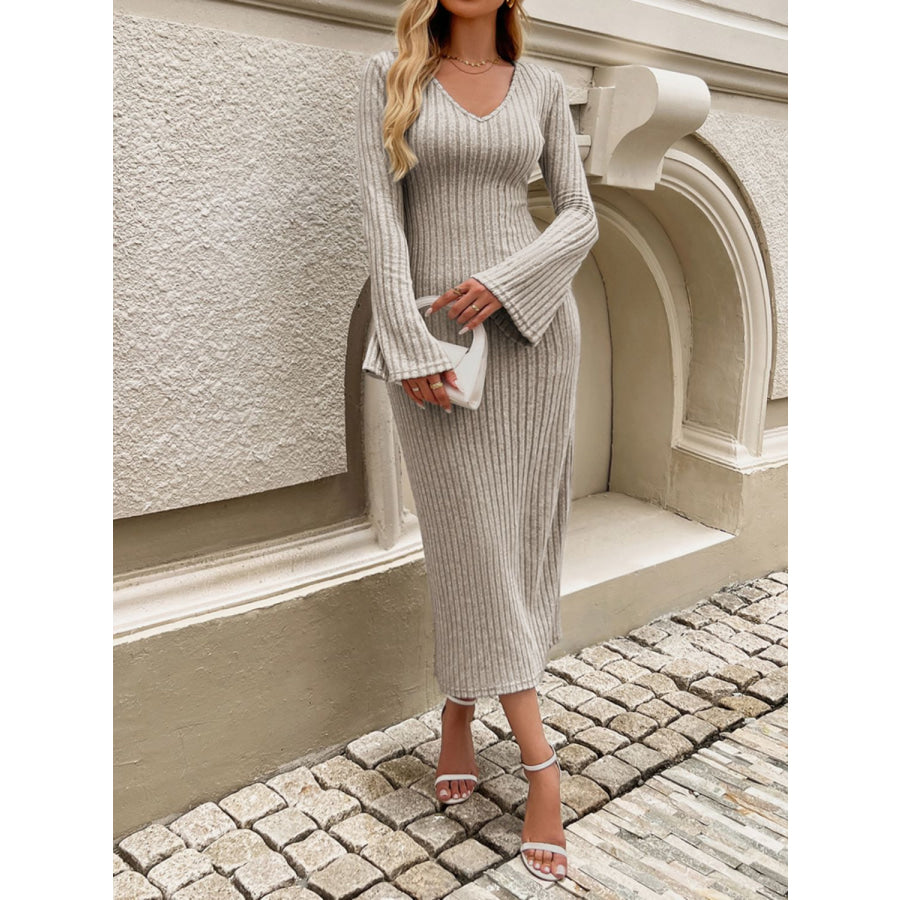 Devine Tied V-Neck Long Sleeve Sweater Dress Apparel and Accessories