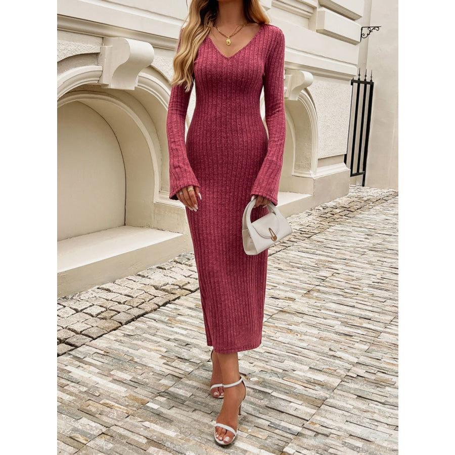 Devine Tied V-Neck Long Sleeve Sweater Dress Apparel and Accessories