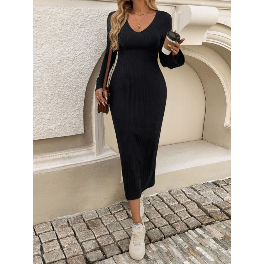 Devine Tied V-Neck Long Sleeve Sweater Dress Apparel and Accessories