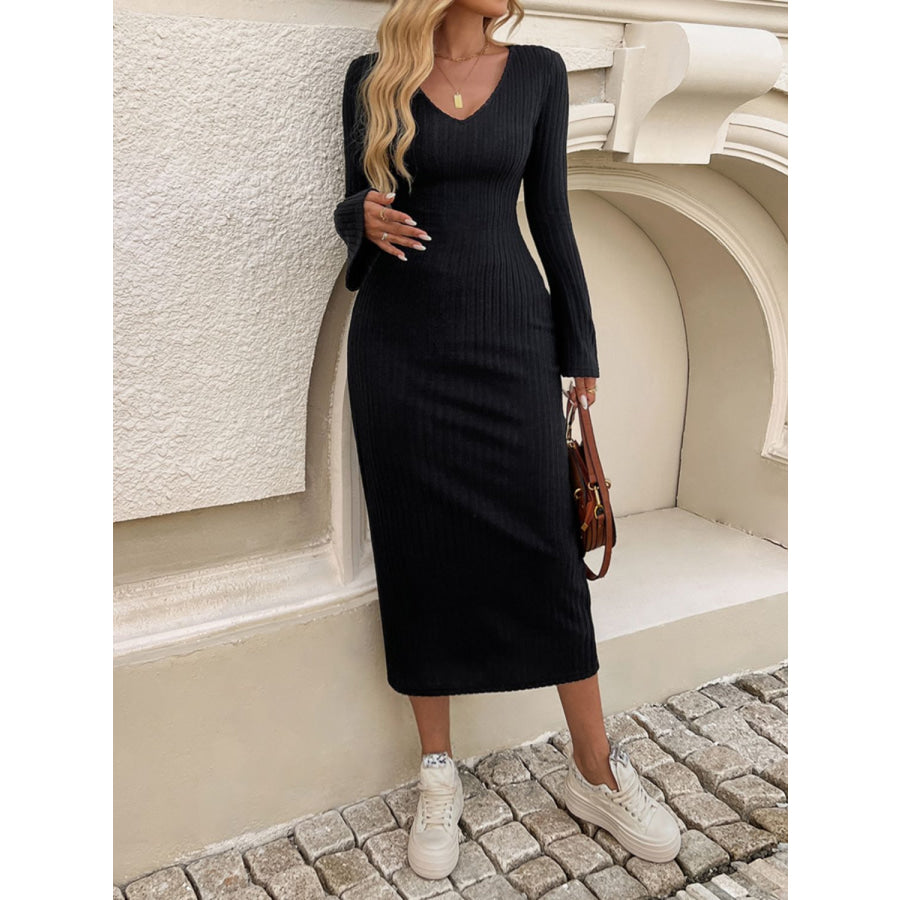 Devine Tied V-Neck Long Sleeve Sweater Dress Apparel and Accessories