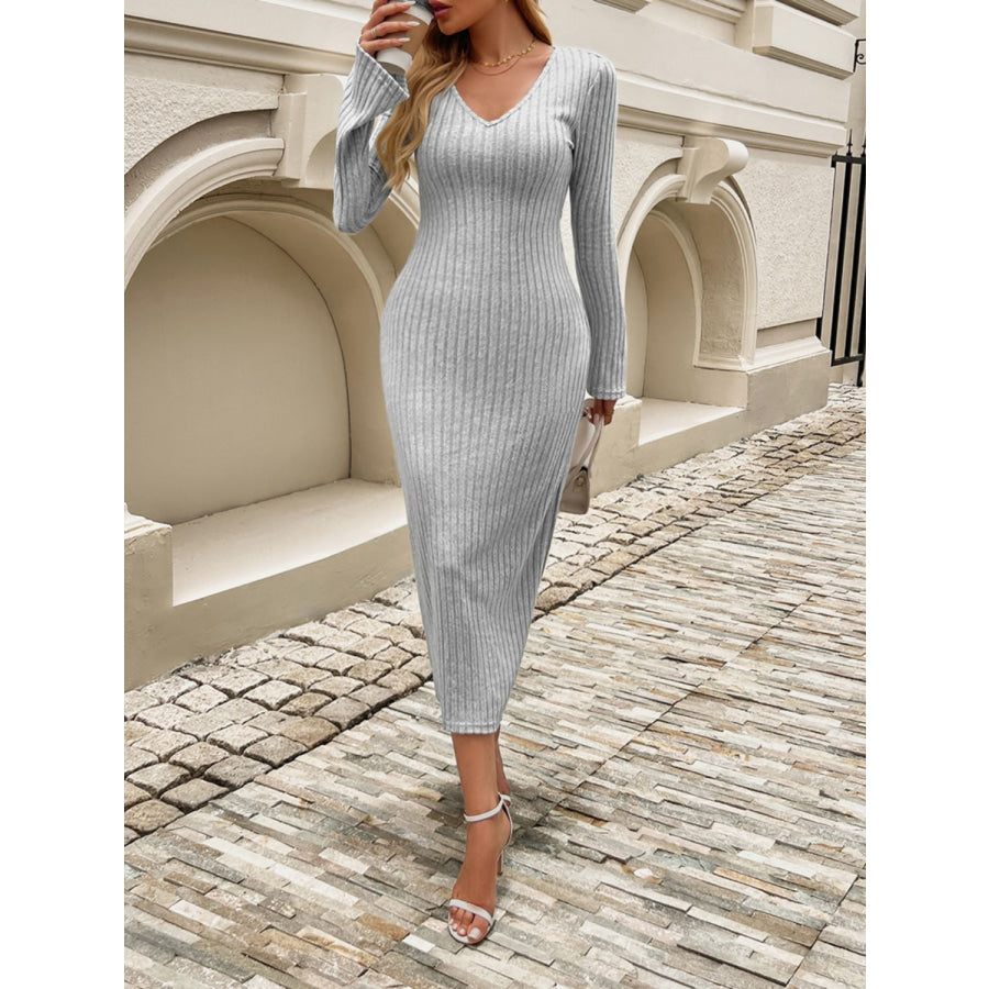 Devine Tied V-Neck Long Sleeve Sweater Dress Apparel and Accessories