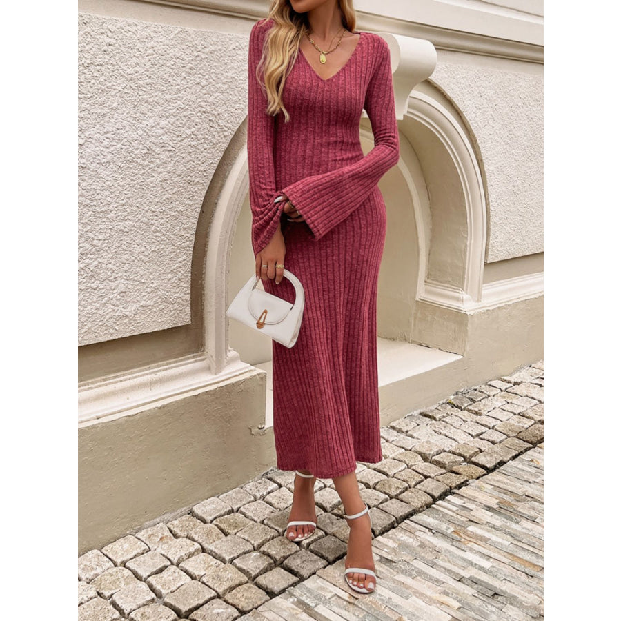 Devine Tied V-Neck Long Sleeve Sweater Dress Deep Purple / S Apparel and Accessories