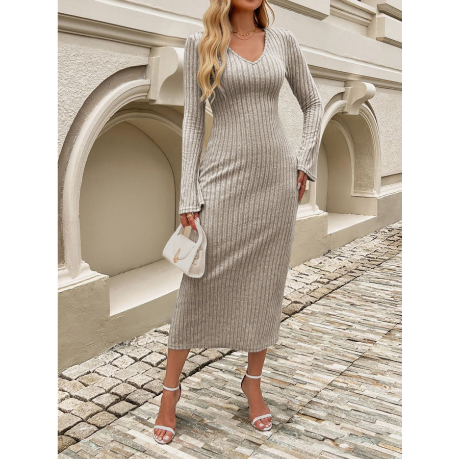 Devine Tied V-Neck Long Sleeve Sweater Dress Dust Storm / S Apparel and Accessories