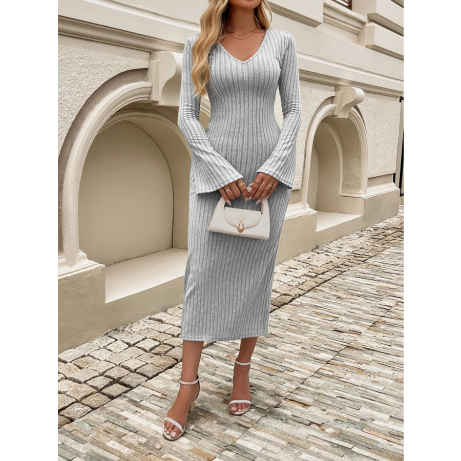 Devine Tied V-Neck Long Sleeve Sweater Dress Gray / S Apparel and Accessories