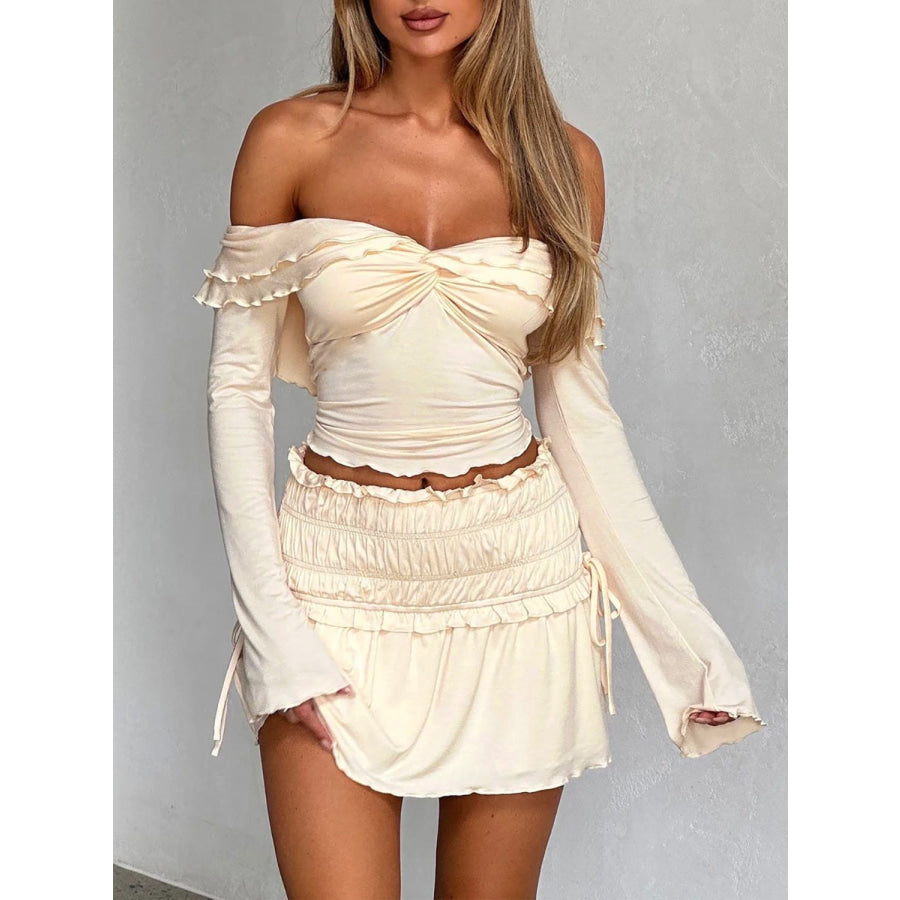 Devine Twisted Ruffled Off-Shoulder Long Sleeve T-Shirt Apparel and Accessories