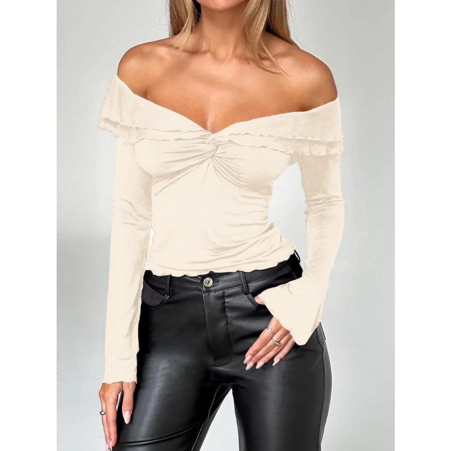 Devine Twisted Ruffled Off-Shoulder Long Sleeve T-Shirt Apparel and Accessories