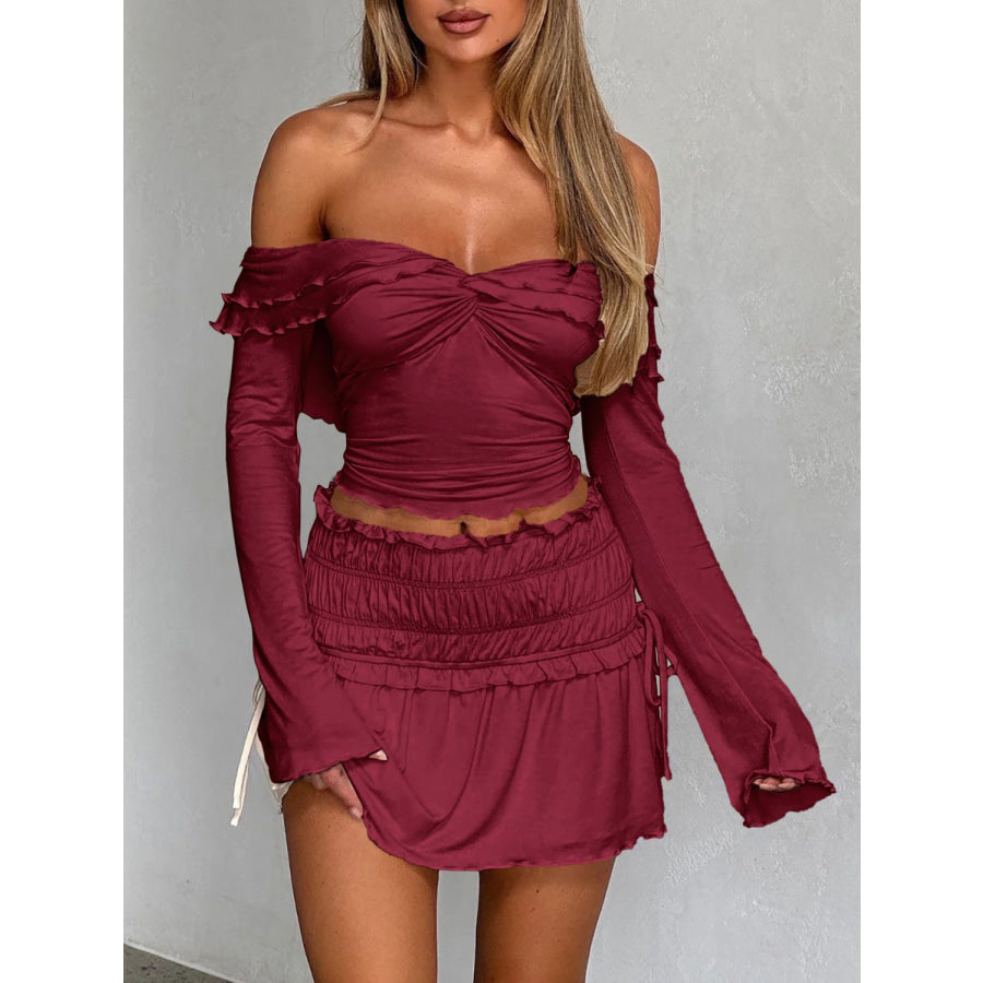 Devine Twisted Ruffled Off-Shoulder Long Sleeve T-Shirt Apparel and Accessories