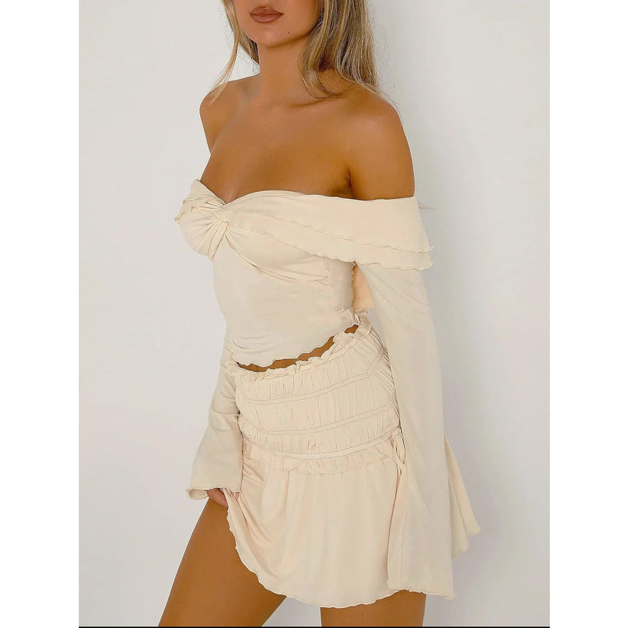 Devine Twisted Ruffled Off-Shoulder Long Sleeve T-Shirt Cream / S Apparel and Accessories