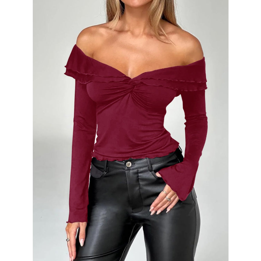 Devine Twisted Ruffled Off-Shoulder Long Sleeve T-Shirt Rust / S Apparel and Accessories