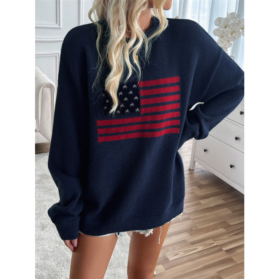 Devine US Flag Round Neck Long Sleeve Knit Top Apparel and Accessories