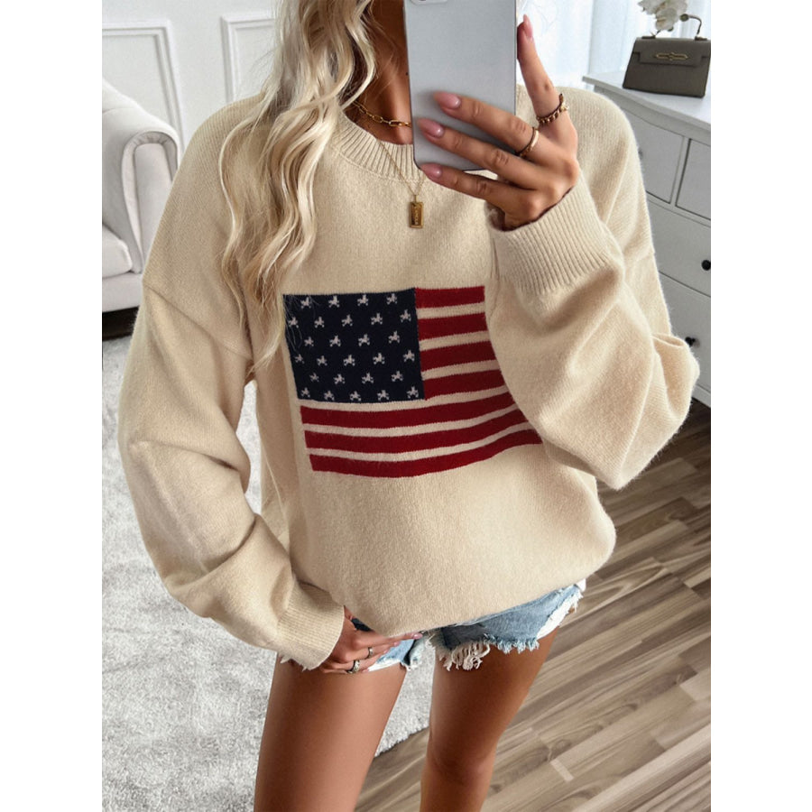 Devine US Flag Round Neck Long Sleeve Knit Top Apparel and Accessories