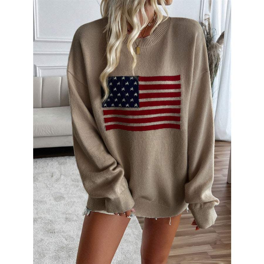 Devine US Flag Round Neck Long Sleeve Knit Top Apparel and Accessories