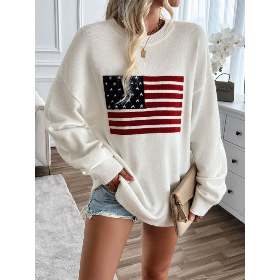 Devine US Flag Round Neck Long Sleeve Knit Top Apparel and Accessories