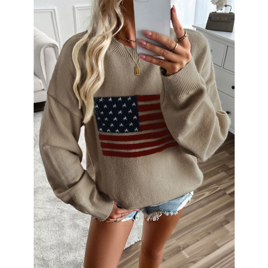 Devine US Flag Round Neck Long Sleeve Knit Top Apparel and Accessories