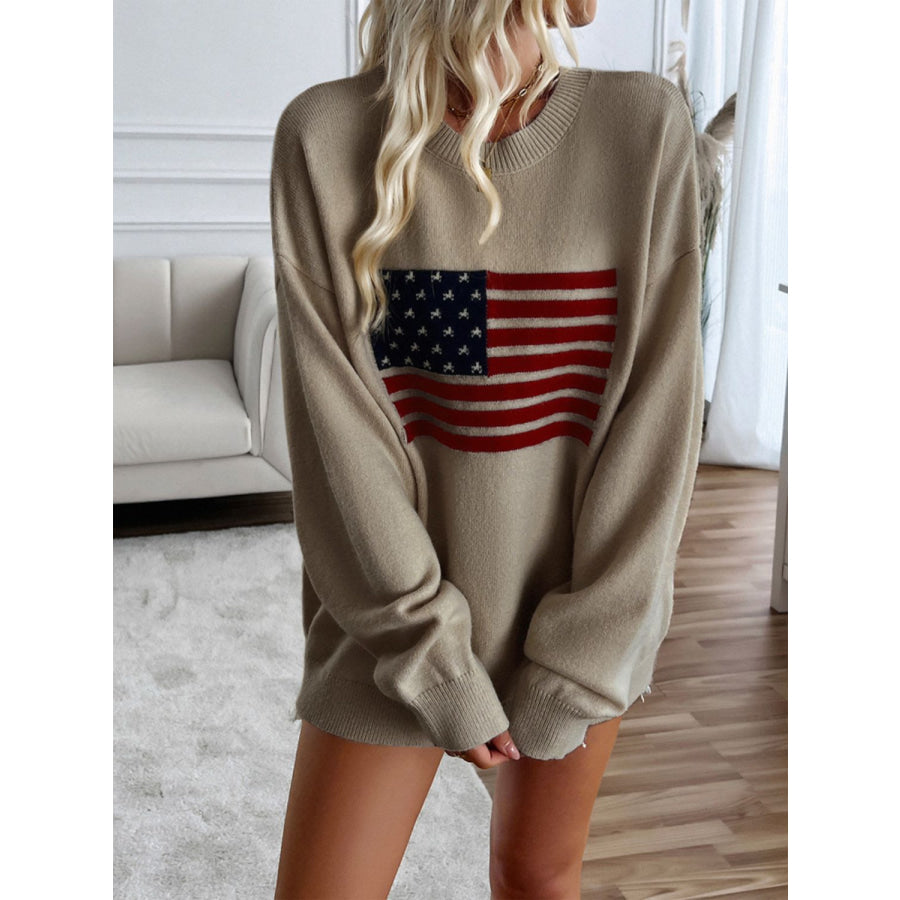 Devine US Flag Round Neck Long Sleeve Knit Top Apparel and Accessories