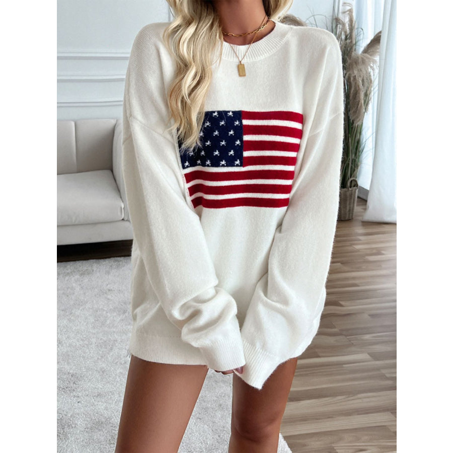 Devine US Flag Round Neck Long Sleeve Knit Top Apparel and Accessories