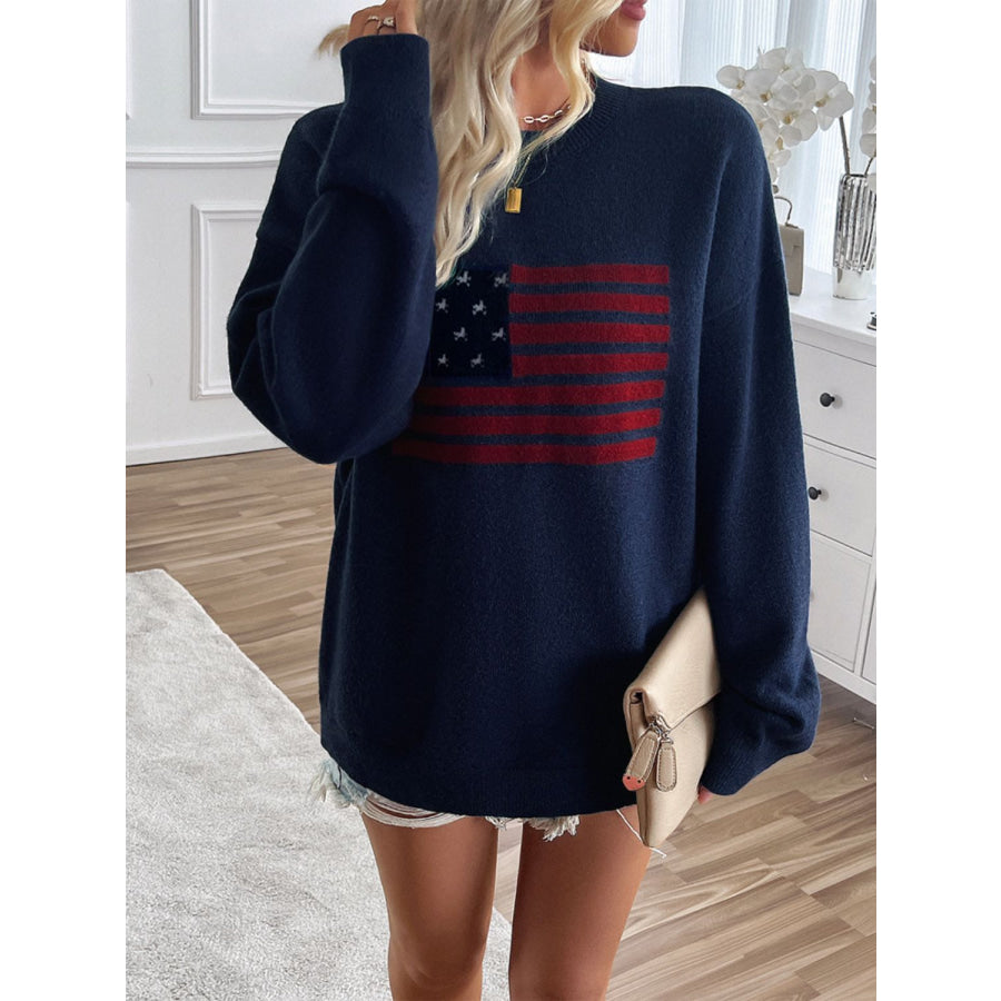 Devine US Flag Round Neck Long Sleeve Knit Top Apparel and Accessories