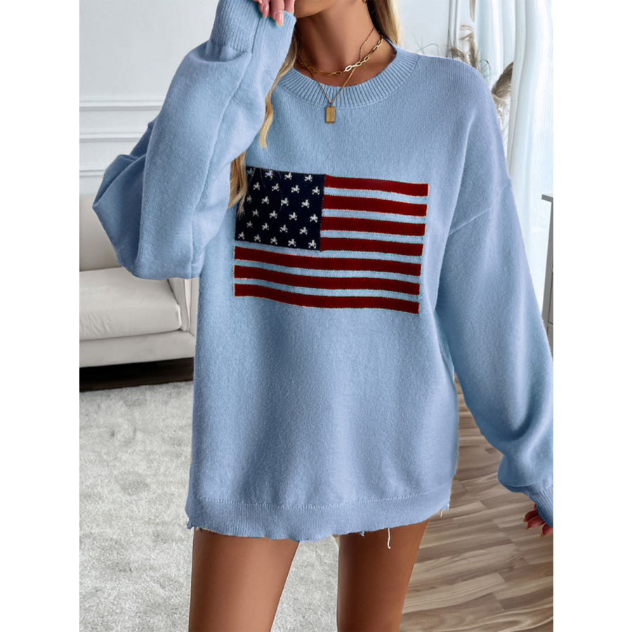 Devine US Flag Round Neck Long Sleeve Knit Top Apparel and Accessories