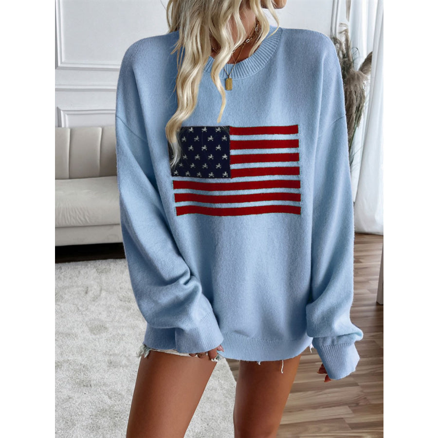 Devine US Flag Round Neck Long Sleeve Knit Top Apparel and Accessories