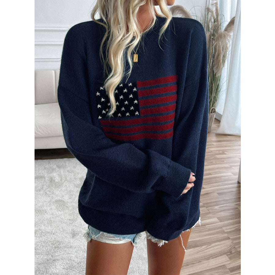 Devine US Flag Round Neck Long Sleeve Knit Top Apparel and Accessories