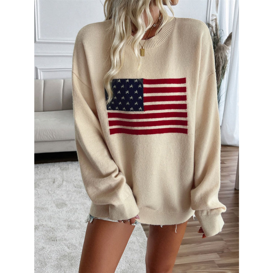 Devine US Flag Round Neck Long Sleeve Knit Top Apparel and Accessories